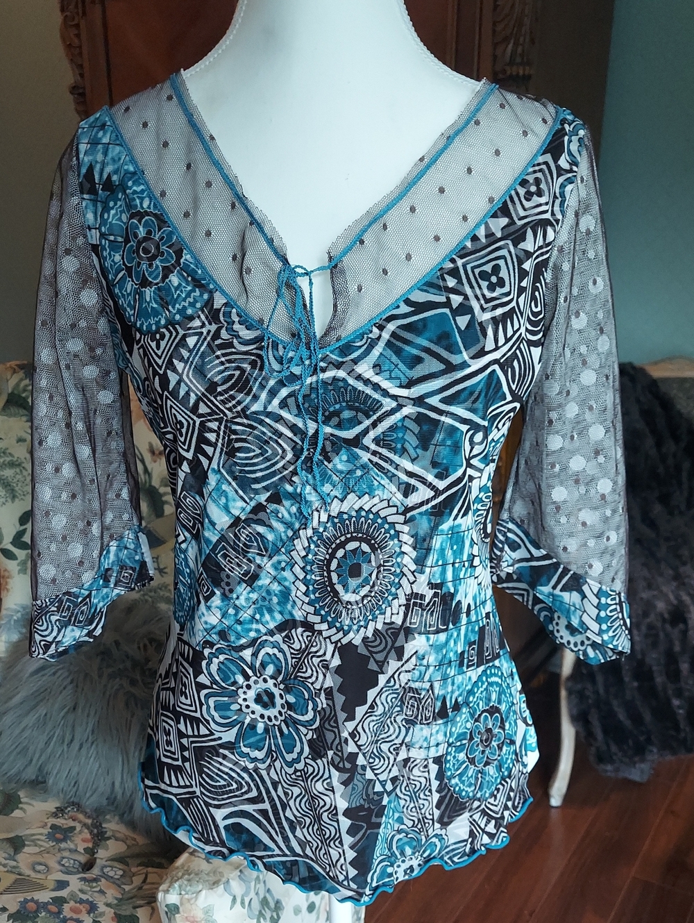 Anac Black & Teal Geometric Floral Mesh-Sleeve V-Neck Blouse